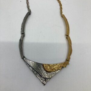 Vtg JEAN_CLAUDE DARVEAU pewter gold/silver tone modernist necklace